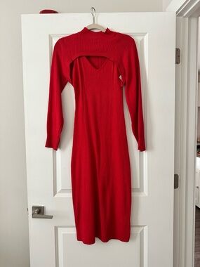 Red Ribbed Maxi Dress with long sleeve Shaw